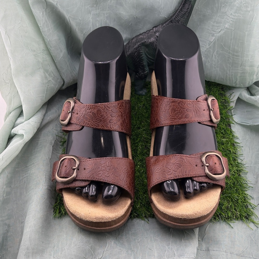 Dansko Women’s Sophie Brown Floral Tooled Leather Wedge Sandals | 38 - Picture 2 of 14